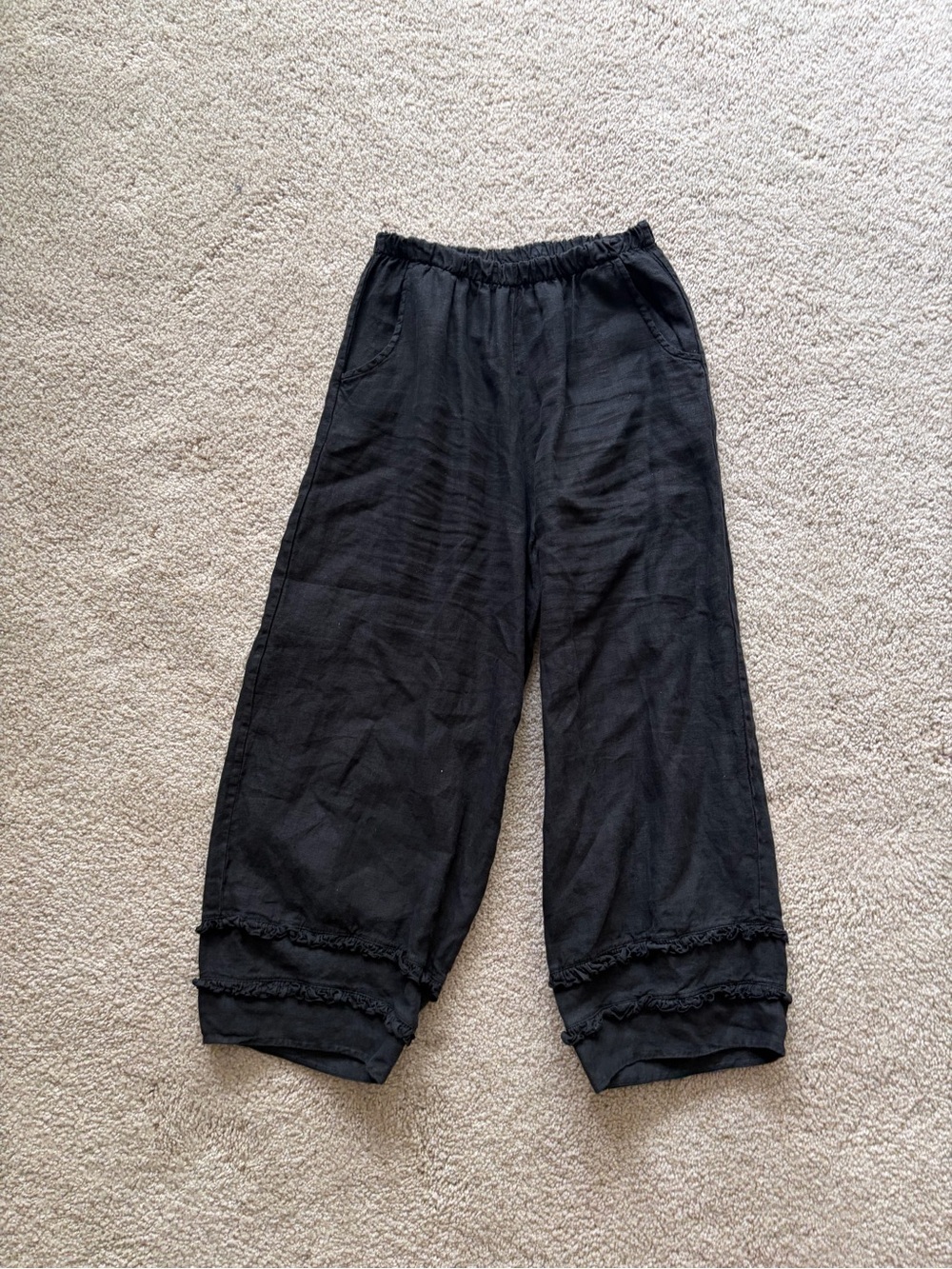 CP Shades Linen Pants Women Black Wide Leg Balloon Lantern Cropped Ruffle Sz xs